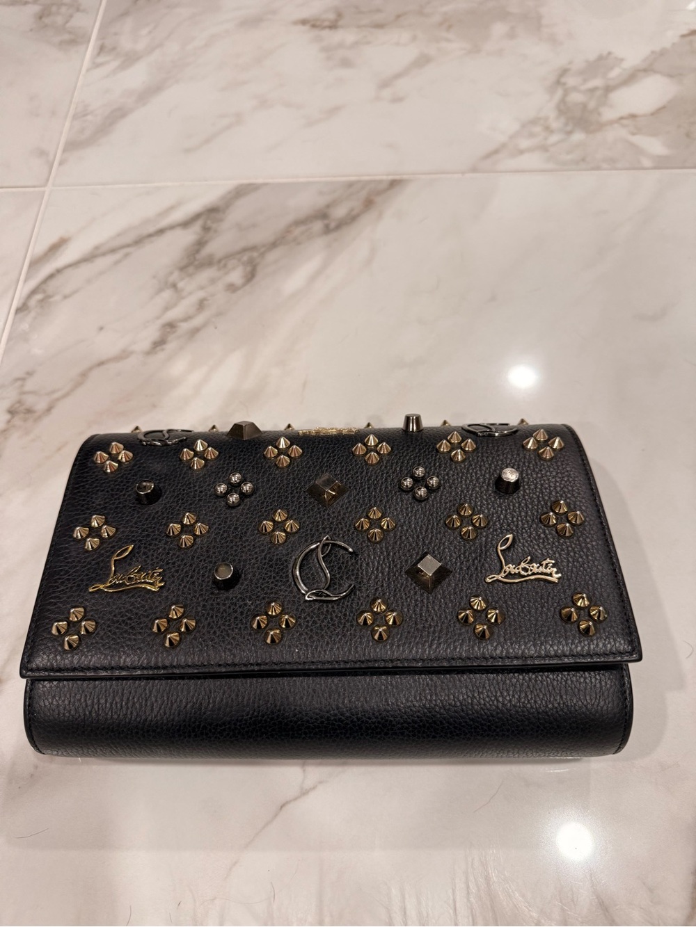 Christian Louboutin Black Leather Studded Evening Clutch